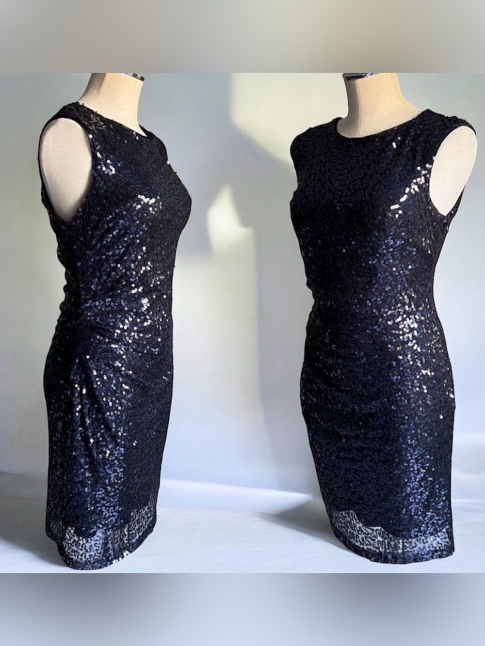 XSCAPE By Joanna Chen Mini Dress Sz 6 All Over Sequin Cut Out Back Black Navy